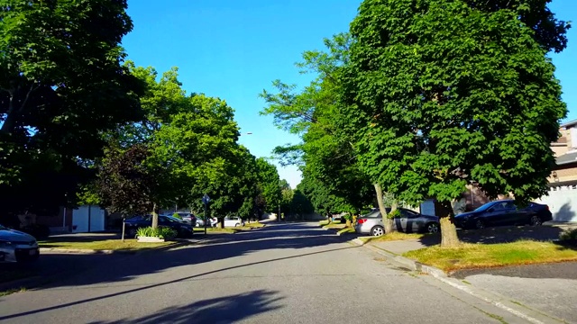 夏季驾驶绿树成荫的住宅城市道路。司机视角沿着美丽的阳光郊区街道。视频素材