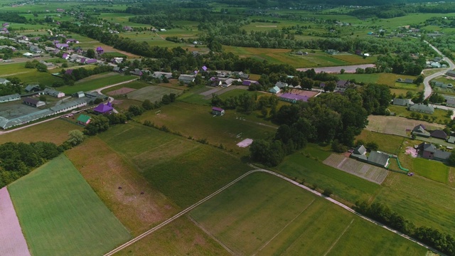 鸟瞰图，半全景平移移动。小居住区靠近耕地。4 k。视频素材