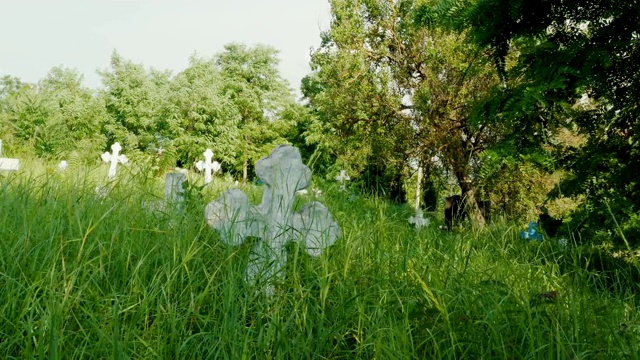 古老的墓地，白色的十字架长满了绿色的草地视频素材