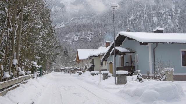 房子和冷杉树在积雪的街道上视频素材