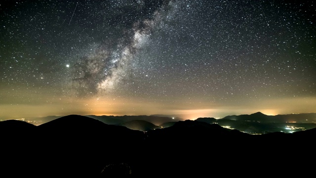 从白天到夜晚，日落到山峦中的星空。时光流逝，银河系的星星在乡村交通上移动视频素材