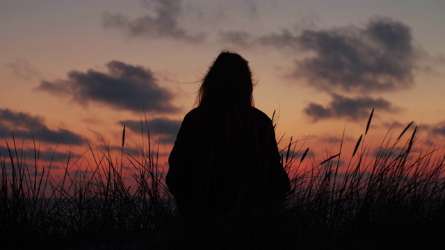 一个无名女子坐在草地上，夕阳映出她的剪影视频素材