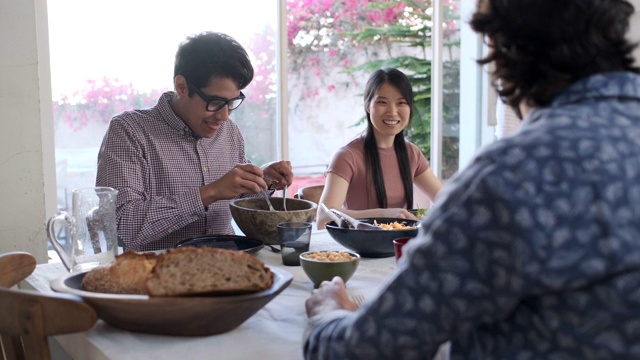 朋友们正在享受素食餐视频素材