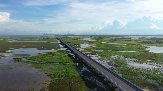 4k无人机电影飞过泰国八达隆横跨自然湖的公路桥视频素材