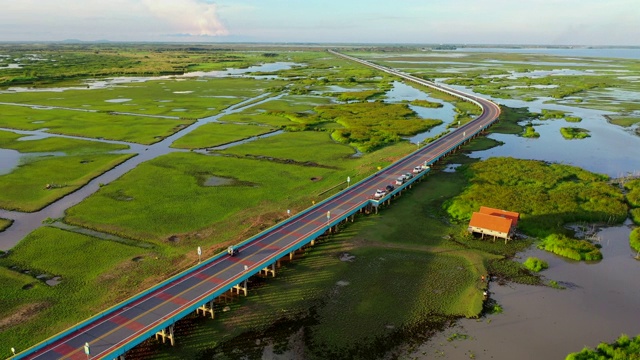 4k无人机电影飞过泰国八达隆横跨自然湖的公路桥视频素材