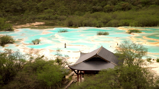 淘金景色:黄龙谷景观的五色池在夏季，四川，中国视频素材