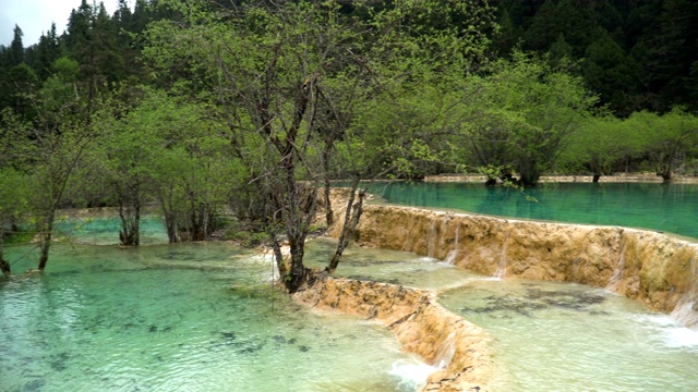 平移视图:五色池与饱和颜色的黄龙谷景观，四川，中国视频素材