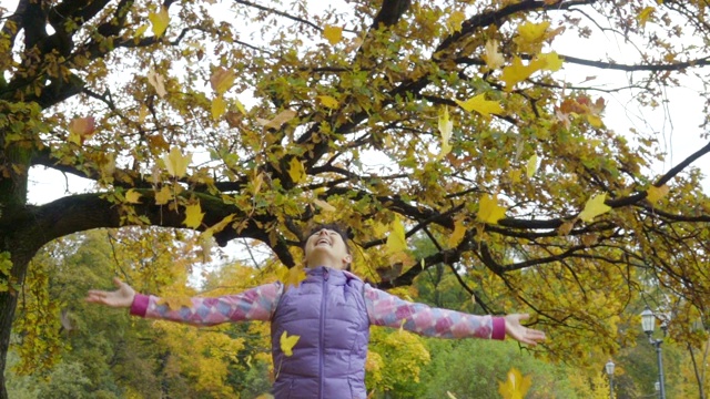 迷人的年轻女子抛出黄叶飘落。快乐的女人在秋天里慢慢地抛着树叶，微笑着。视频素材