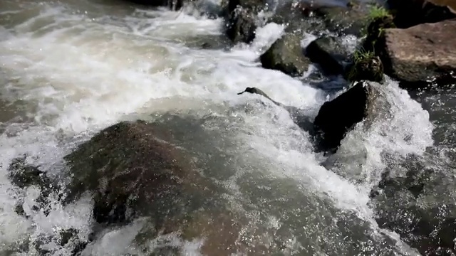 河流溅在岩石上，在山谷中奔流视频素材