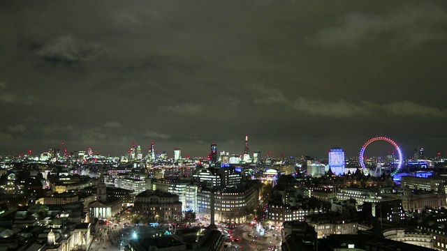 伦敦城市夜景全景，包括伦敦眼和碎片大厦，英国伦敦视频素材