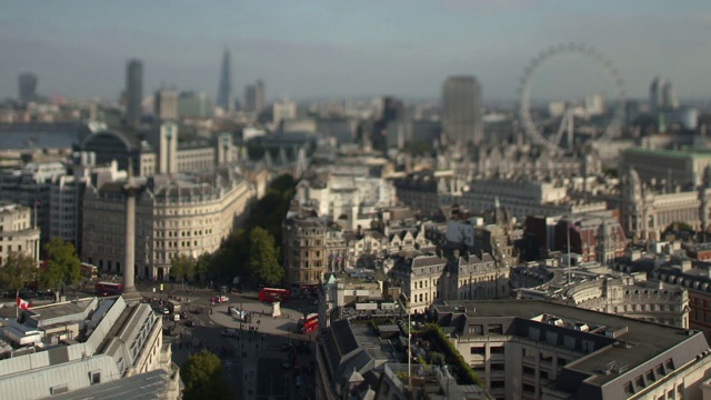 伦敦天际线全景，包括特拉法加广场，纳尔逊圆柱和伦敦眼，英国伦敦视频素材