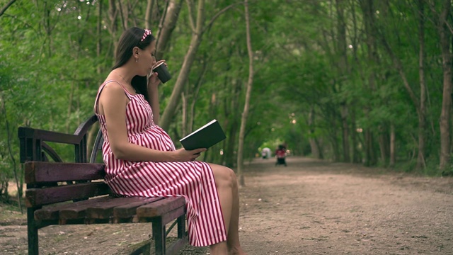 一个怀孕的女孩坐在公园的长椅上。一个穿着白红条纹连衣裙的女孩正在兴致勃勃地看书。视频素材