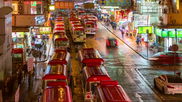 中国香港九龙旺角花园街市及夫人街市巴士总站夜间的时间图视频素材