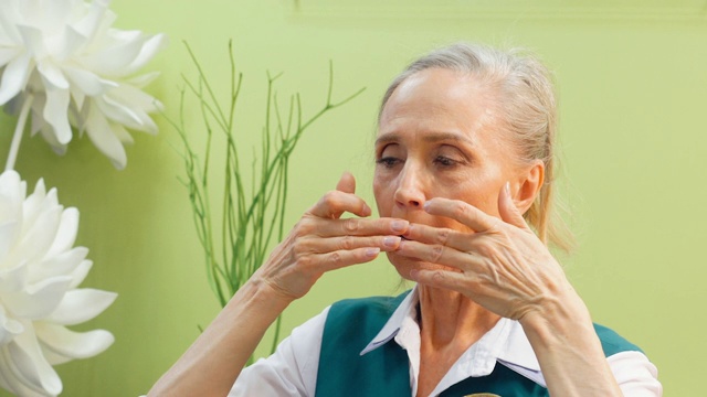 老女人在家里的浴室里做面部按摩。成熟女性按摩面部皮肤美容课程在美容学校。皮肤护理和治疗。视频素材