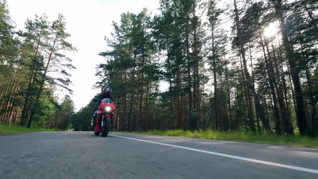 骑自行车的人正沿着松树丛生的道路行驶。摩托车手在比赛他的摩托车。视频素材