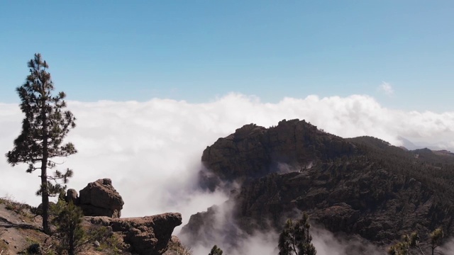 在一个阳光明媚的日子里，无人机在高山上飞过云层，穿过大加那利岛的Pico de las Nieves峡谷视频素材