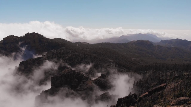 一架无人机飞过大加那利岛的一个山谷:松树林，火山地和美丽的山脉视频素材