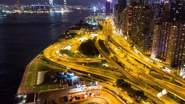 香港城市在夜晚的超影像与倾斜视频下载