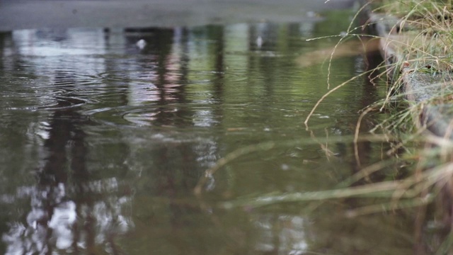 雨点落入街道水坑的慢动作视频素材