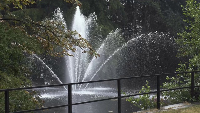 喷水喷泉在公园池塘向上喷水视频素材