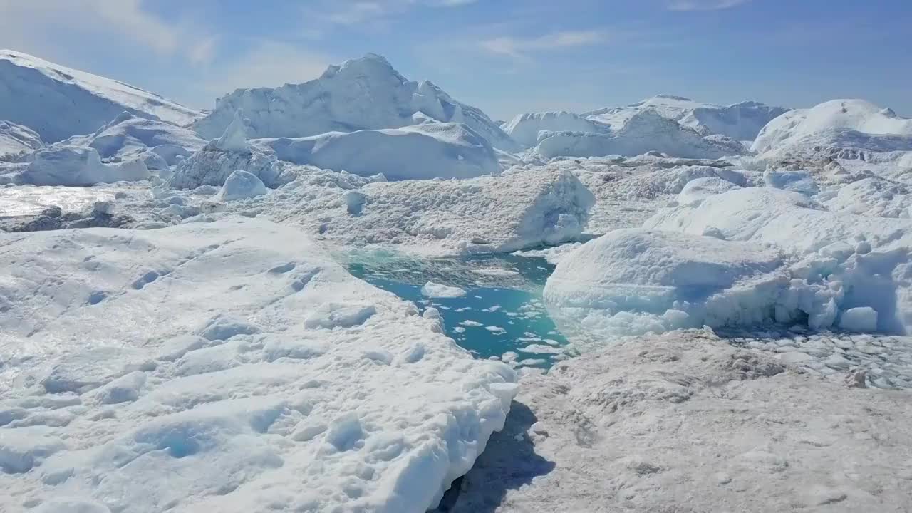 空中向前:格陵兰岛迪斯科湾美丽冰原上的亮蓝色池塘视频素材