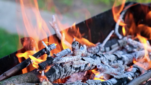 为夏日户外烧烤做准备。烹饪、加热和烧烤概念。柴火在火盆里燃烧。木头在金属火盆中燃烧着视频素材