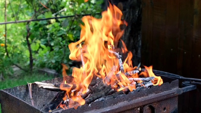 为夏日户外烧烤做准备。烹饪、加热和烧烤概念。柴火在火盆里燃烧。木头在金属火盆中燃烧着视频素材