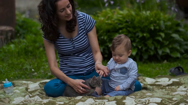 妈妈带着孩子和小灰猫在花园里玩。视频下载