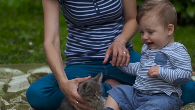 妈妈带着孩子和小灰猫在花园里玩。视频下载