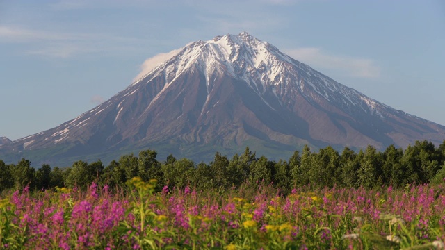 堪察加半岛令人惊叹的夏季山景观，在俄罗斯远东活火山科yaksky火山的锥形夜景视频素材