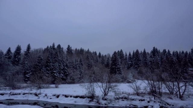 乘火车旅行，雪林与河流视频素材