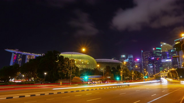 新加坡城市夜景时间照亮著名的市中心交通街道全景，时间跨度为4k视频素材