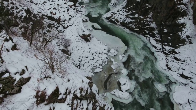 高加索山脉中白雪覆盖的峡谷底部，绿松石般的水流湍急视频素材