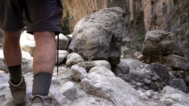 一个旅游者拿着登山杖沿着峡谷行走。慢动作视频素材