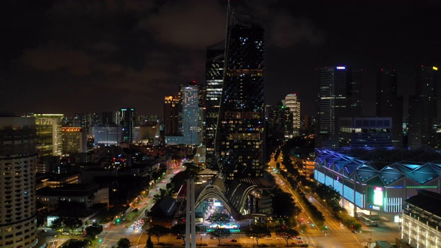 新加坡城市夜间照明著名的市中心航拍全景4k视频素材