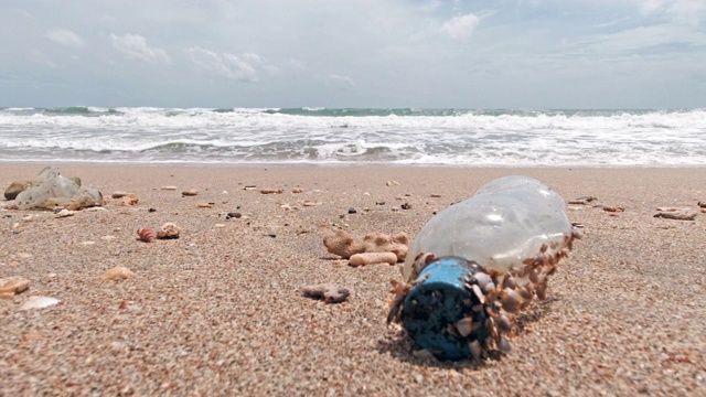 海滩上丢弃的塑料水瓶造成污染视频素材