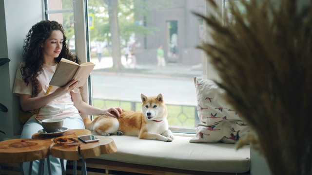 漂亮的女孩抚摸着日本柴犬，在窗台上的咖啡馆看书视频素材