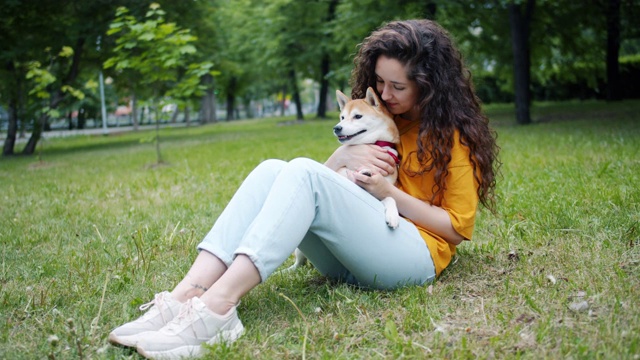 迷人的黑发抚摸美丽的柴犬坐在公园的草地上视频素材