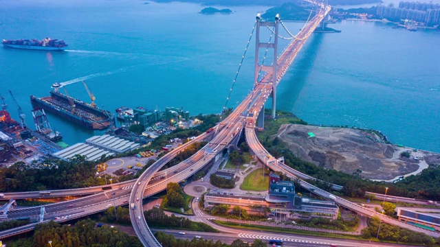 空中黄昏到夜晚的汀九桥时间流逝，香港视频素材