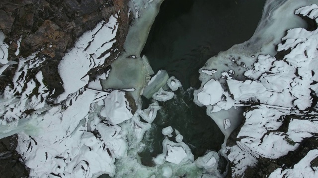 雪山峡谷中湍急的山河的顶视图视频素材