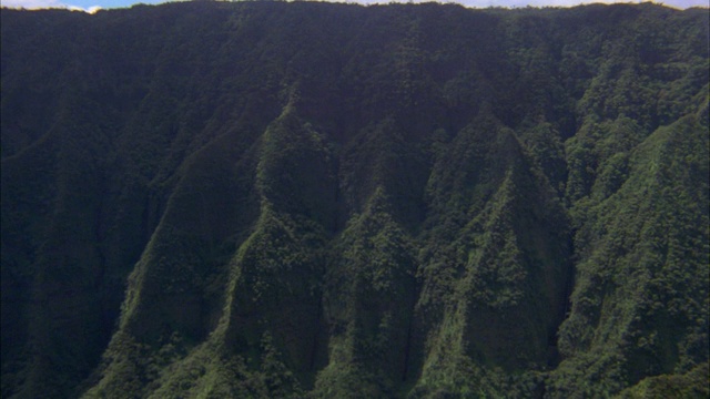 空中俯瞰山谷和群山，覆盖着树木、植物、树叶。可能在热带雨林或丛林。雾。视频素材