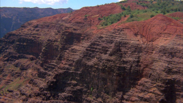 从空中俯瞰岩石峭壁和茂密的树木和树叶的山谷。可能是热带岛屿。BG的山脉。视频素材