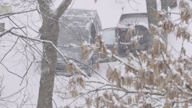 人类正在清理雪地里的汽车。冬日里飘落的雪花。暴雪。城市冬季背景视频素材