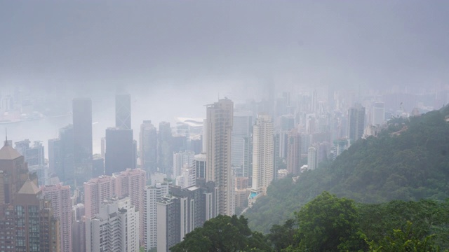 时间流逝上午香港摩天大楼和多云的季节下雨-现代商务区城市视频素材