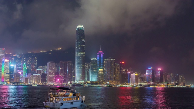 时间流逝:香港天际线市中心夜，维多利亚港视频素材