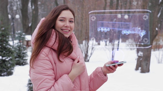 红发女孩，有全息美国卡车视频素材