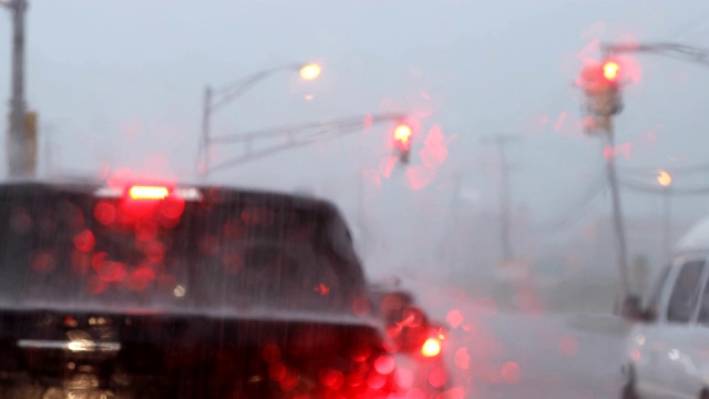 大雨霏霏的夜晚，模糊的汽车选择性聚焦道路模糊不清视频素材