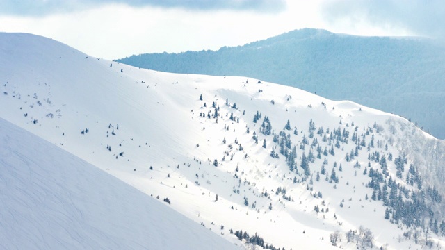 美丽的冬季景观和白雪覆盖的树木。冬天的山。视频素材