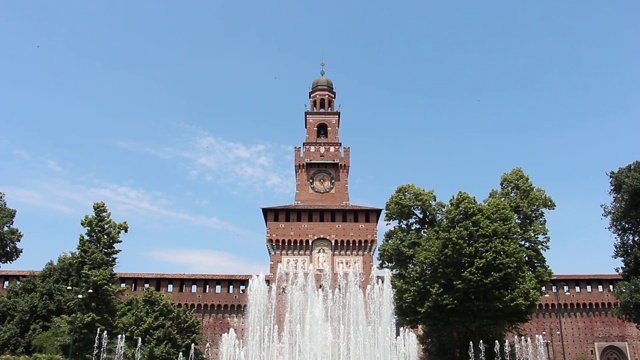 古堡观(城堡Sforzesco)和喷泉(Castello caforzesco)。视频素材