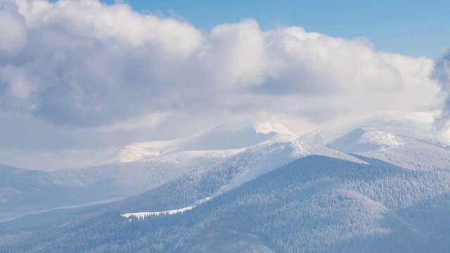 美丽的冬季景观和白雪覆盖的树木。冬天的山。视频素材